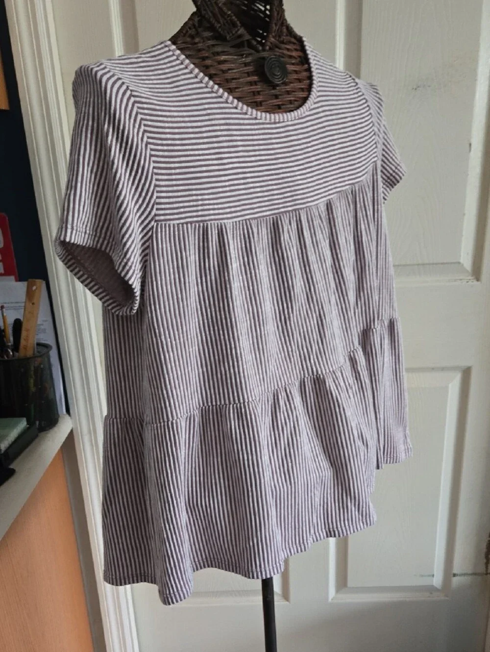 Exclusive One Striped Short-Sleeve Peplum Babydoll Top in Maroon Stripe-Size XL